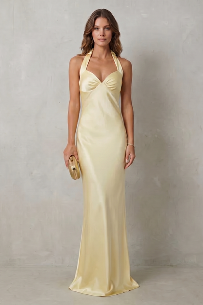 Phoebe | Maxi Evening Dress Butter Yellow Satin Halter Neck for Women