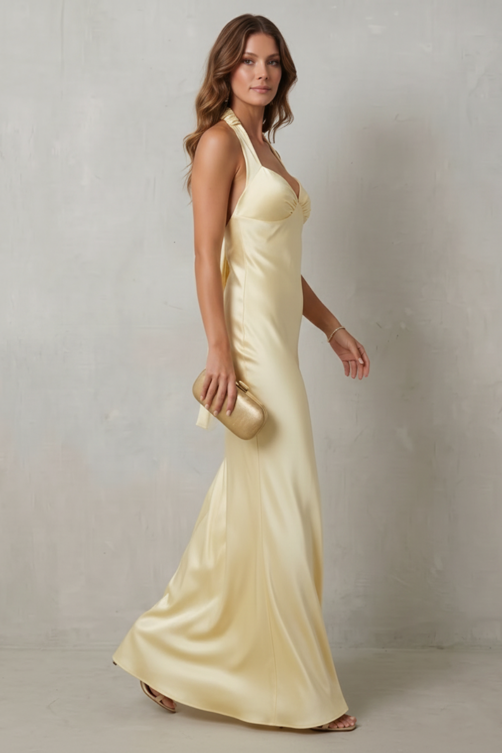 Phoebe | Maxi Evening Dress Butter Yellow Satin Halter Neck for Women