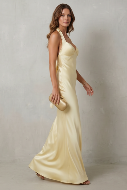Phoebe | Maxi Evening Dress Butter Yellow Satin Halter Neck for Women