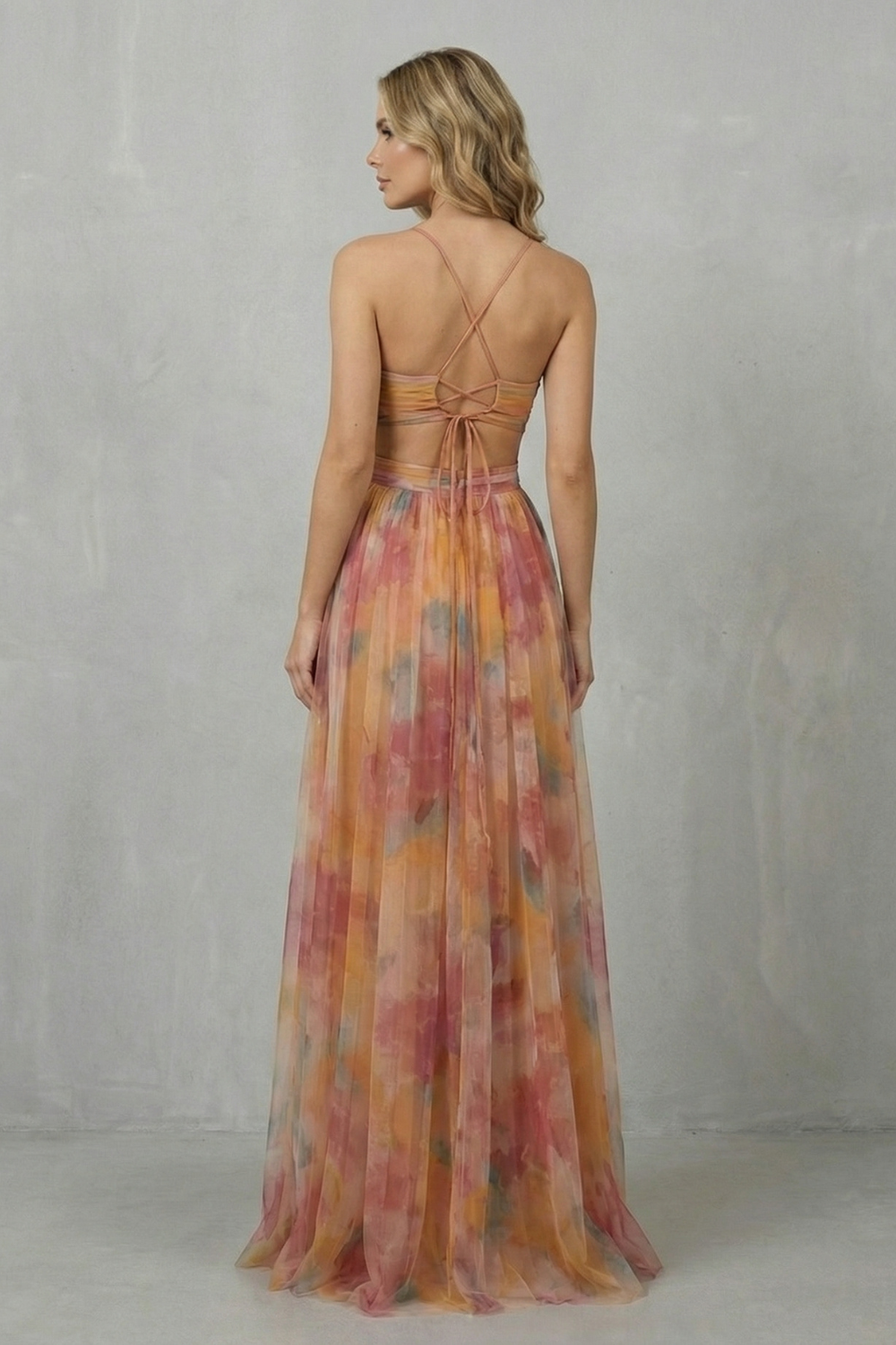 Florrie | Maxi Dress Multicolour Watercolour Tulle V-Neck for Women