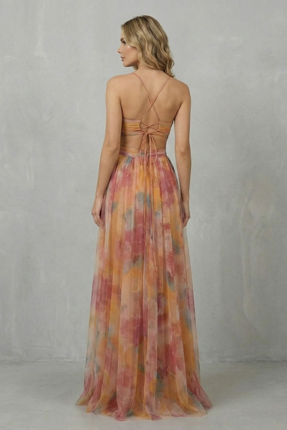 Florrie | Maxi Dress Multicolour Watercolour Tulle V-Neck for Women