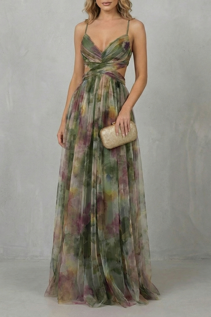 Florrie | Maxi Dress Multicolour Watercolour Tulle V-Neck for Women