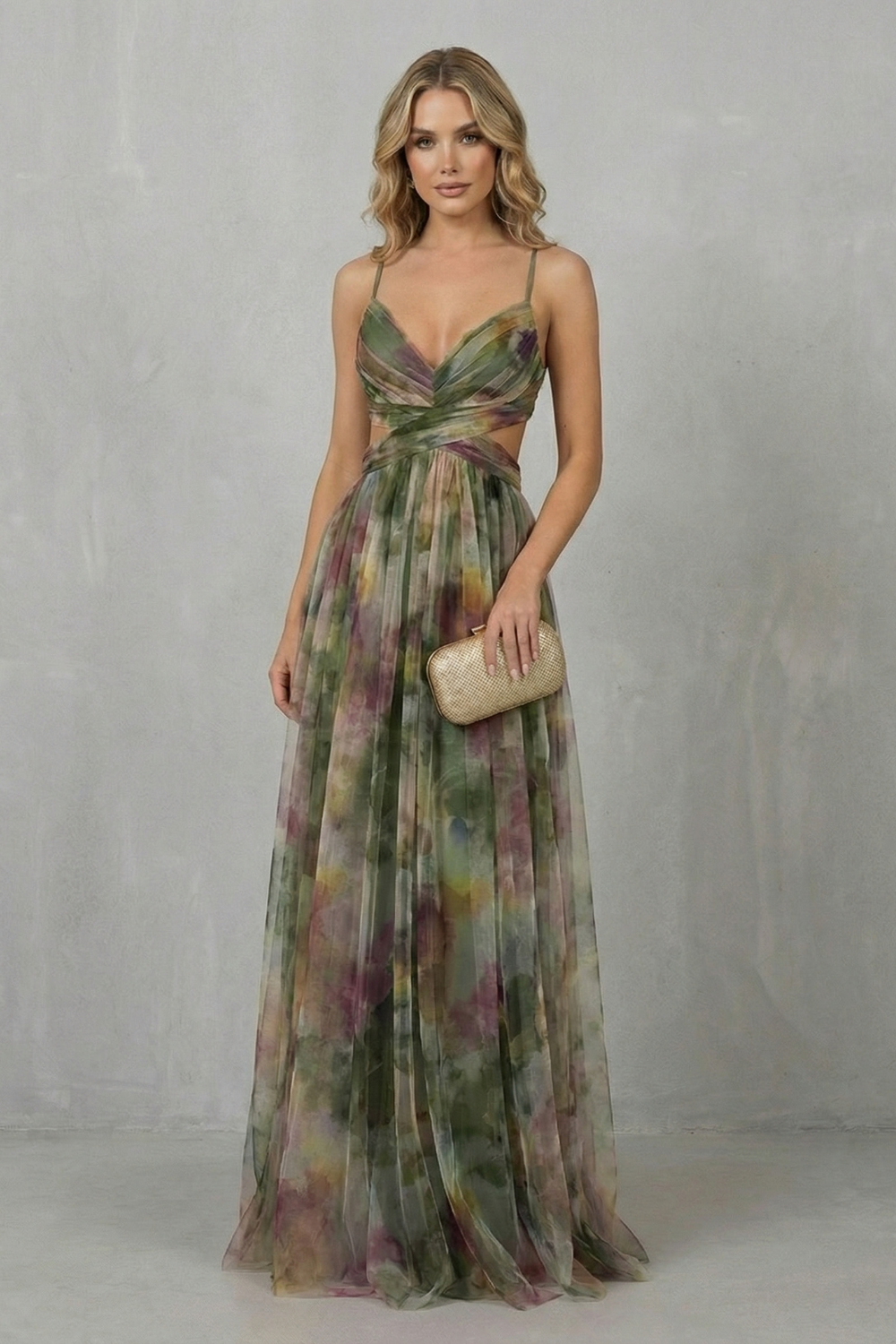 Florrie | Maxi Dress Multicolour Watercolour Tulle V-Neck for Women