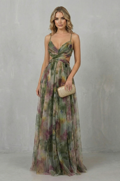 Florrie | Maxi Dress Multicolour Watercolour Tulle V-Neck for Women