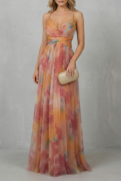 Florrie | Maxi Dress Multicolour Watercolour Tulle V-Neck for Women