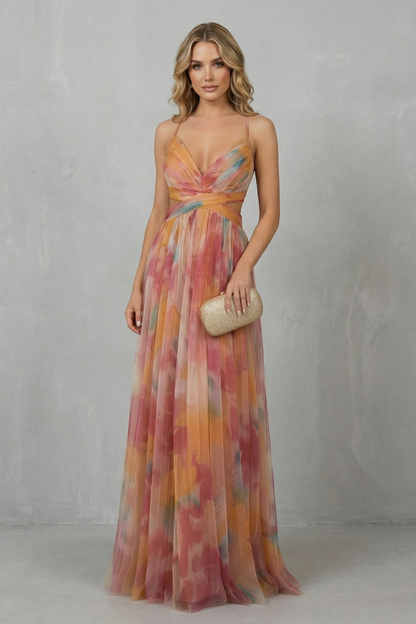 Florrie | Maxi Dress Multicolour Watercolour Tulle V-Neck for Women