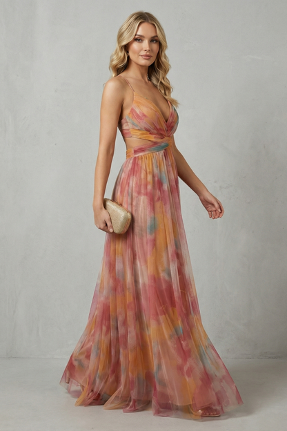 Florrie | Maxi Dress Multicolour Watercolour Tulle V-Neck for Women