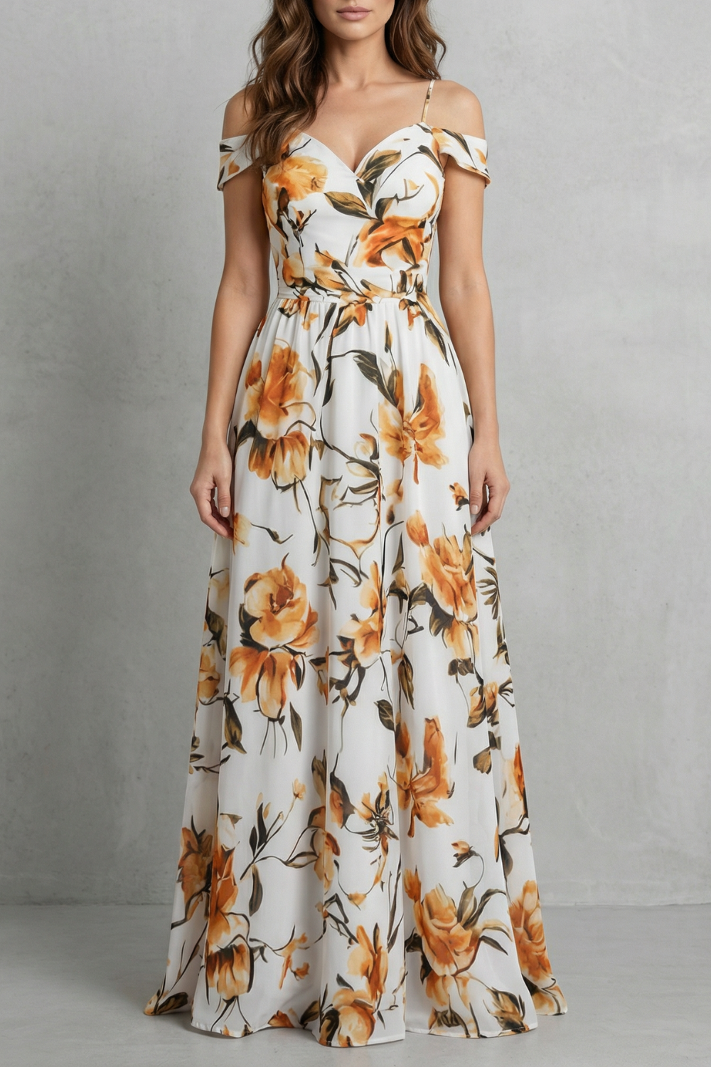 Phoebe | Maxi Dress White Floral Chiffon Off-Shoulder for Women