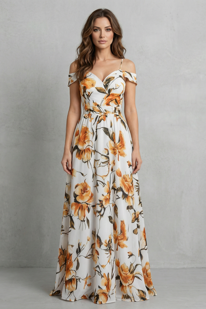 Phoebe | Maxi Dress White Floral Chiffon Off-Shoulder for Women