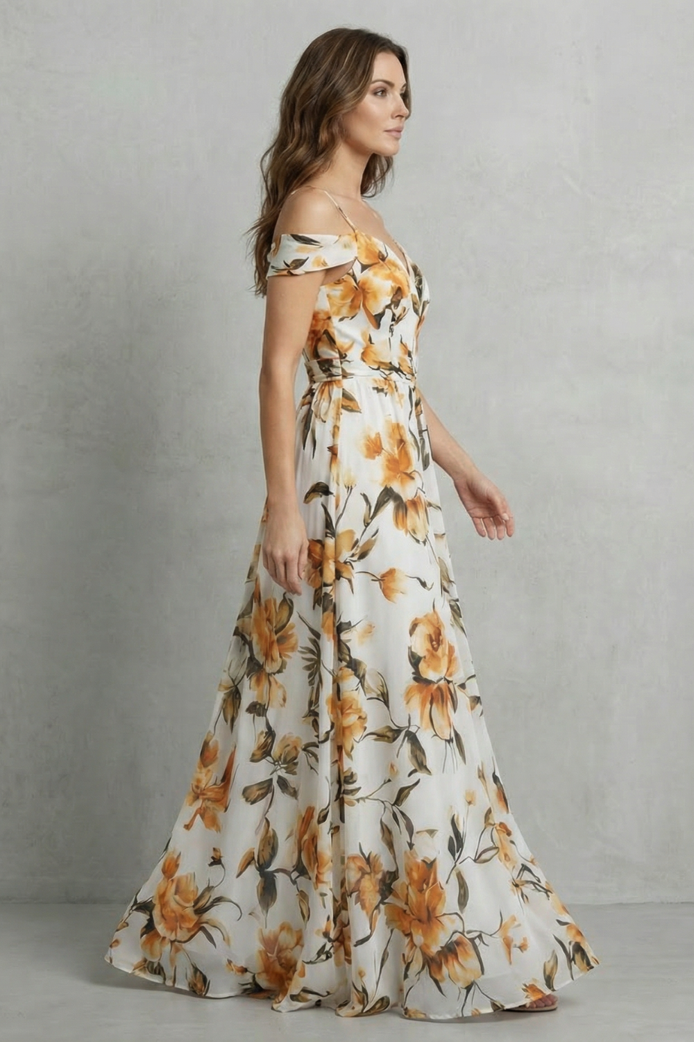 Phoebe | Maxi Dress White Floral Chiffon Off-Shoulder for Women