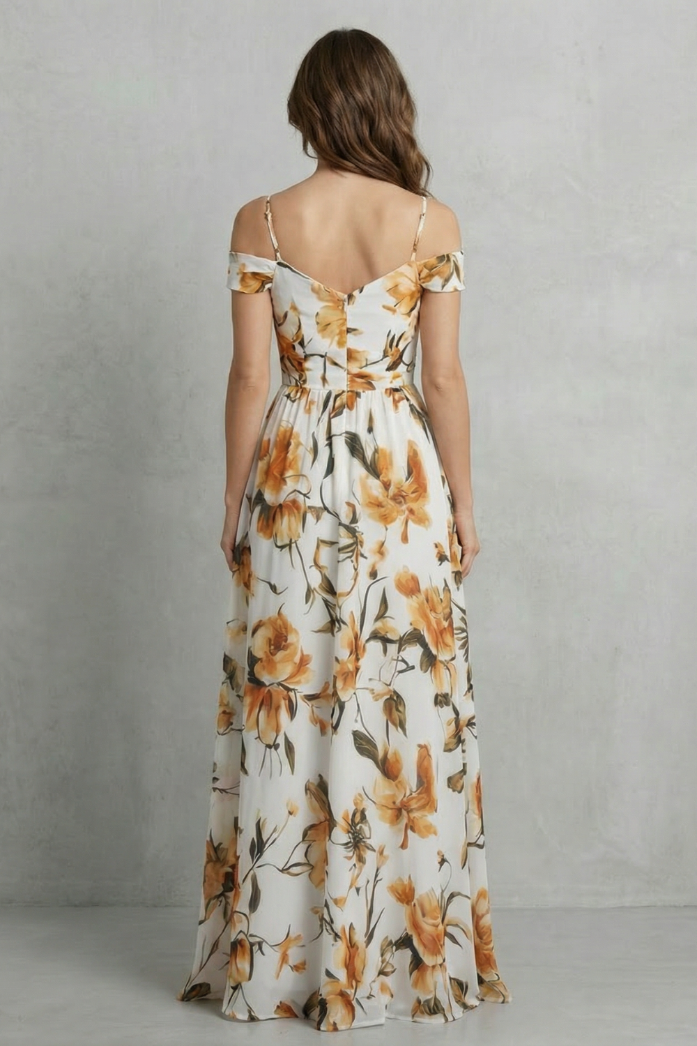Phoebe | Maxi Dress White Floral Chiffon Off-Shoulder for Women