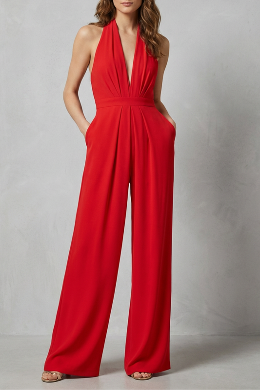 Rosalind | Halter Jumpsuit Red Crepe Wide-Leg Backless for Women