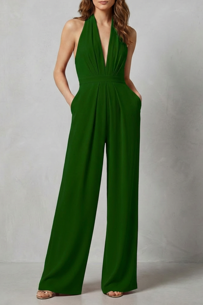Rosalind | Halter Jumpsuit Red Crepe Wide-Leg Backless for Women