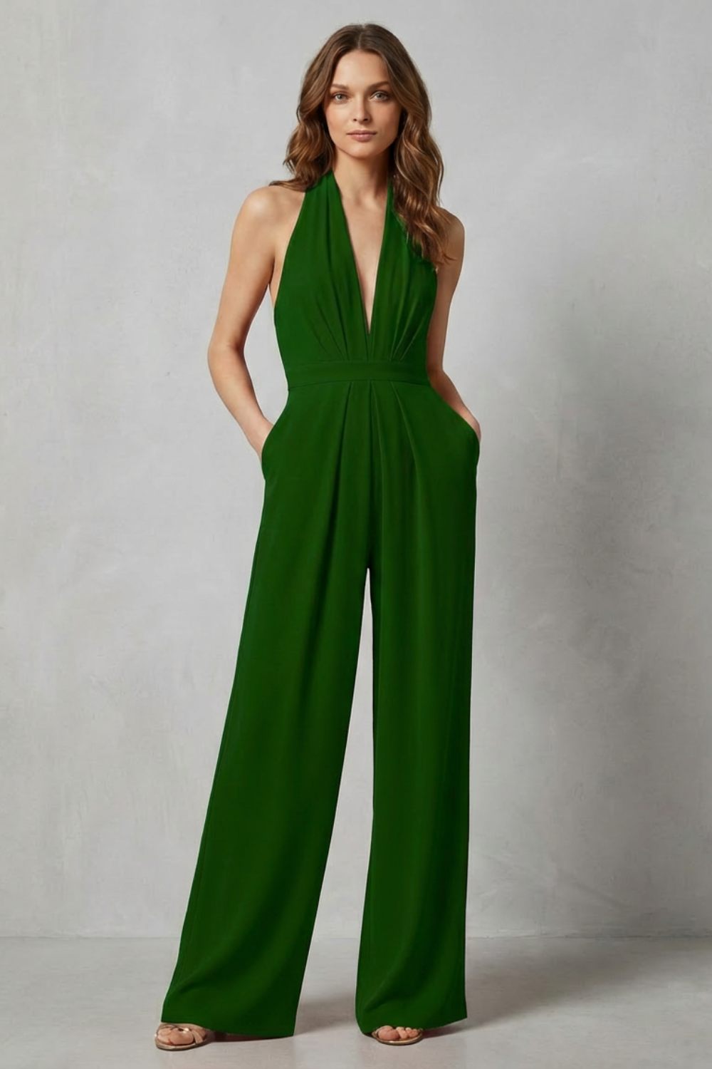 Rosalind | Halter Jumpsuit Red Crepe Wide-Leg Backless for Women
