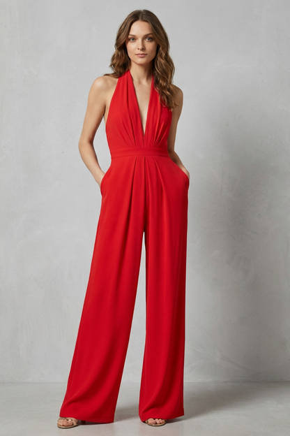 Rosalind | Halter Jumpsuit Red Crepe Wide-Leg Backless for Women