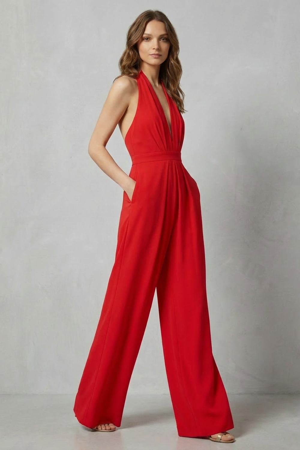 Rosalind | Halter Jumpsuit Red Crepe Wide-Leg Backless for Women
