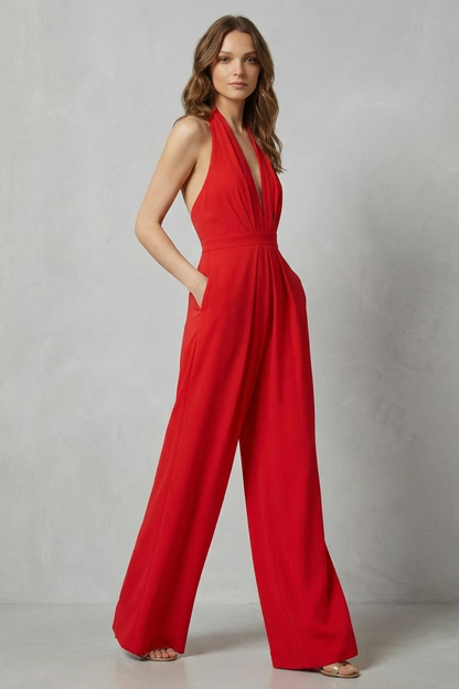 Rosalind | Halter Jumpsuit Red Crepe Wide-Leg Backless for Women