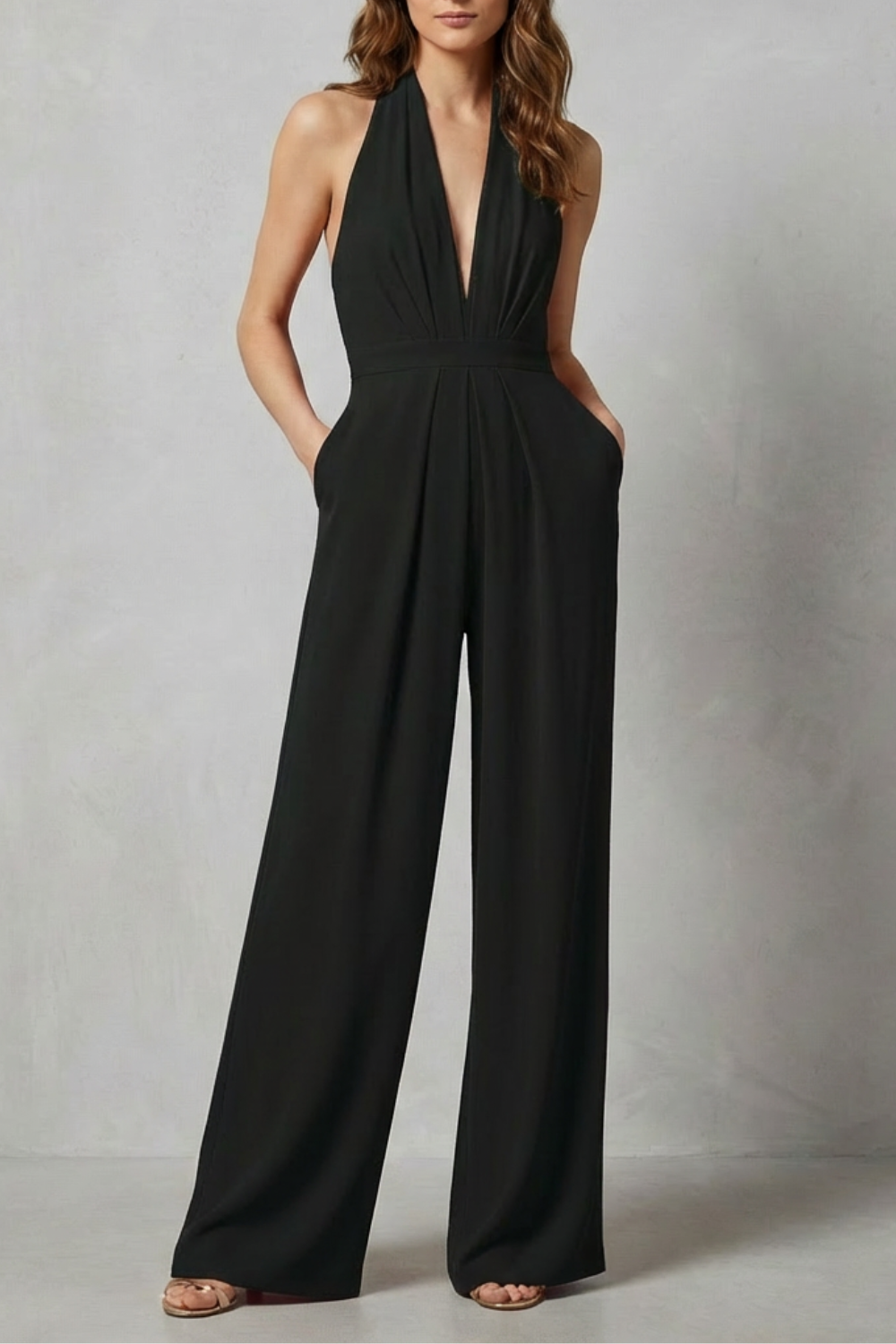 Rosalind | Halter Jumpsuit Red Crepe Wide-Leg Backless for Women