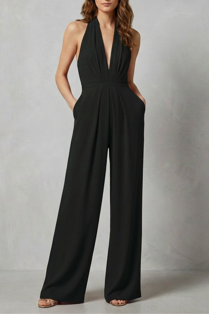 Rosalind | Halter Jumpsuit Red Crepe Wide-Leg Backless for Women