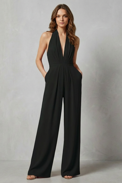 Rosalind | Halter Jumpsuit Red Crepe Wide-Leg Backless for Women