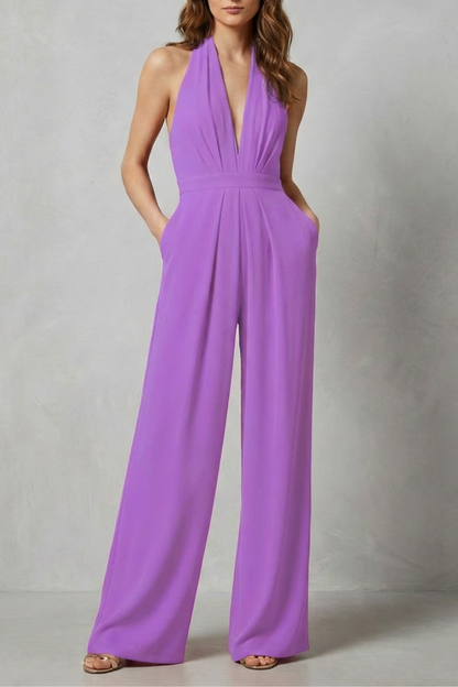 Rosalind | Halter Jumpsuit Red Crepe Wide-Leg Backless for Women