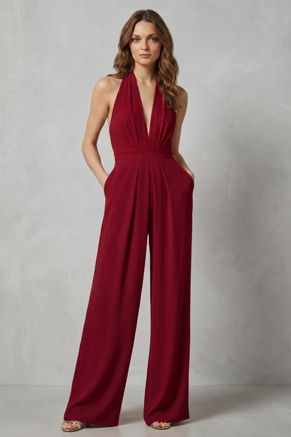 Rosalind | Halter Jumpsuit Red Crepe Wide-Leg Backless for Women