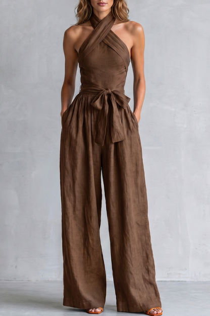 Phoebe | Wide-Leg Jumpsuit Teal Linen Halter Neck Sleeveless for Women