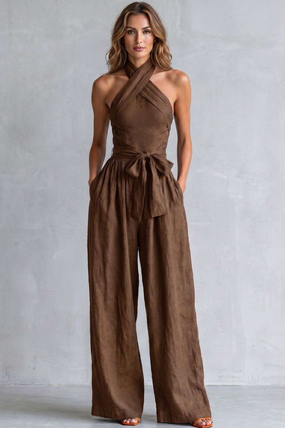 Phoebe | Wide-Leg Jumpsuit Teal Linen Halter Neck Sleeveless for Women