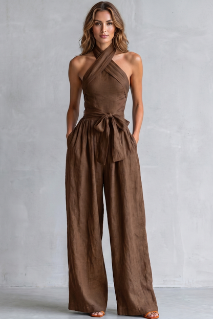 Phoebe | Wide-Leg Jumpsuit Teal Linen Halter Neck Sleeveless for Women