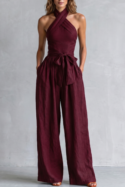 Phoebe | Wide-Leg Jumpsuit Teal Linen Halter Neck Sleeveless for Women