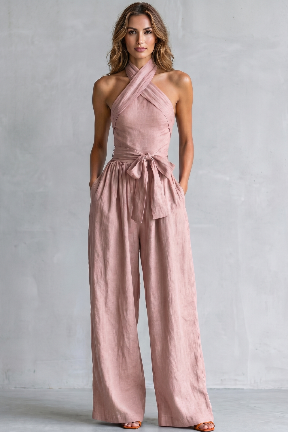 Phoebe | Wide-Leg Jumpsuit Teal Linen Halter Neck Sleeveless for Women