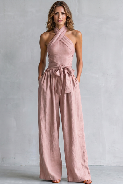 Phoebe | Wide-Leg Jumpsuit Teal Linen Halter Neck Sleeveless for Women