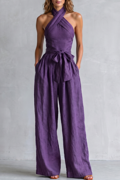 Phoebe | Wide-Leg Jumpsuit Teal Linen Halter Neck Sleeveless for Women