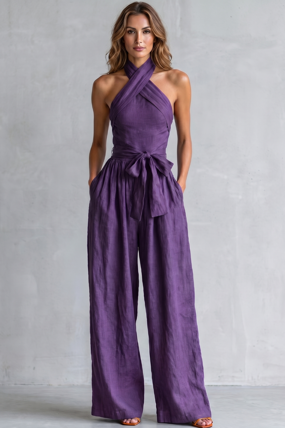Phoebe | Wide-Leg Jumpsuit Teal Linen Halter Neck Sleeveless for Women