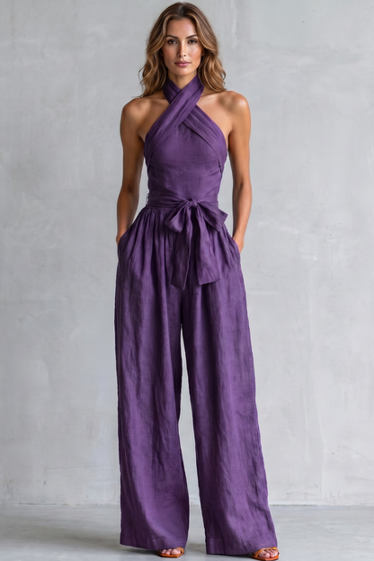 Phoebe | Wide-Leg Jumpsuit Teal Linen Halter Neck Sleeveless for Women