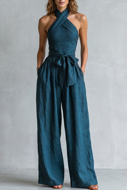 Phoebe | Wide-Leg Jumpsuit Teal Linen Halter Neck Sleeveless for Women