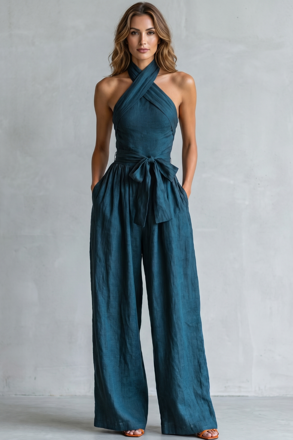 Phoebe | Wide-Leg Jumpsuit Teal Linen Halter Neck Sleeveless for Women