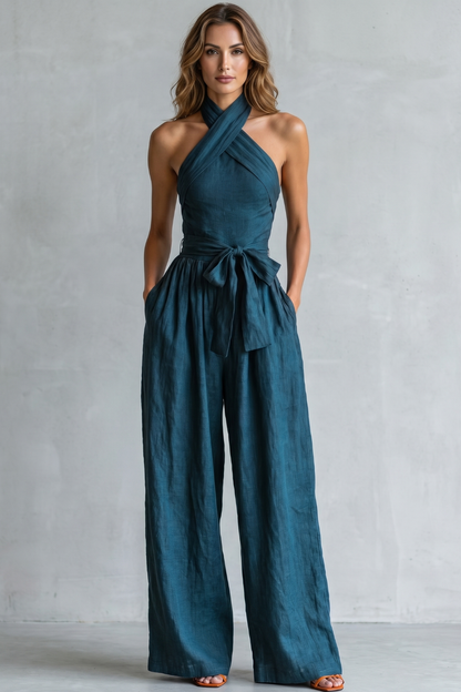 Phoebe | Wide-Leg Jumpsuit Teal Linen Halter Neck Sleeveless for Women