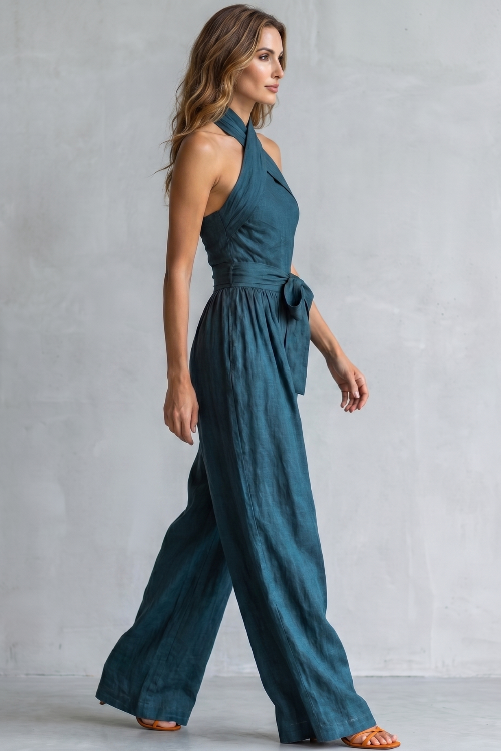 Phoebe | Wide-Leg Jumpsuit Teal Linen Halter Neck Sleeveless for Women