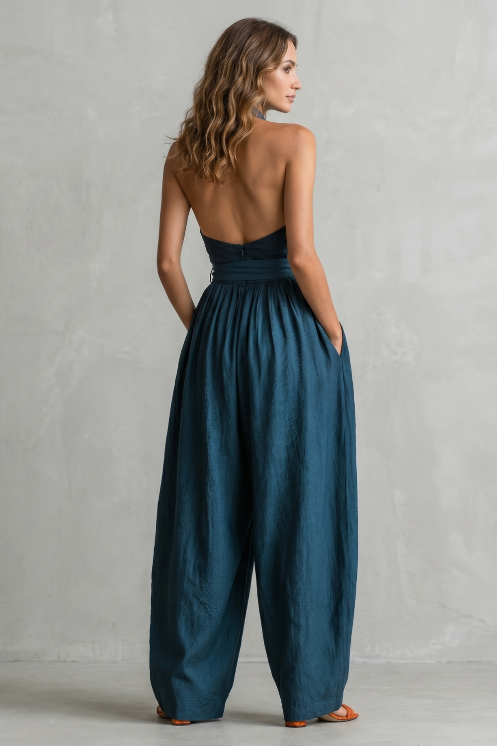 Phoebe | Wide-Leg Jumpsuit Teal Linen Halter Neck Sleeveless for Women