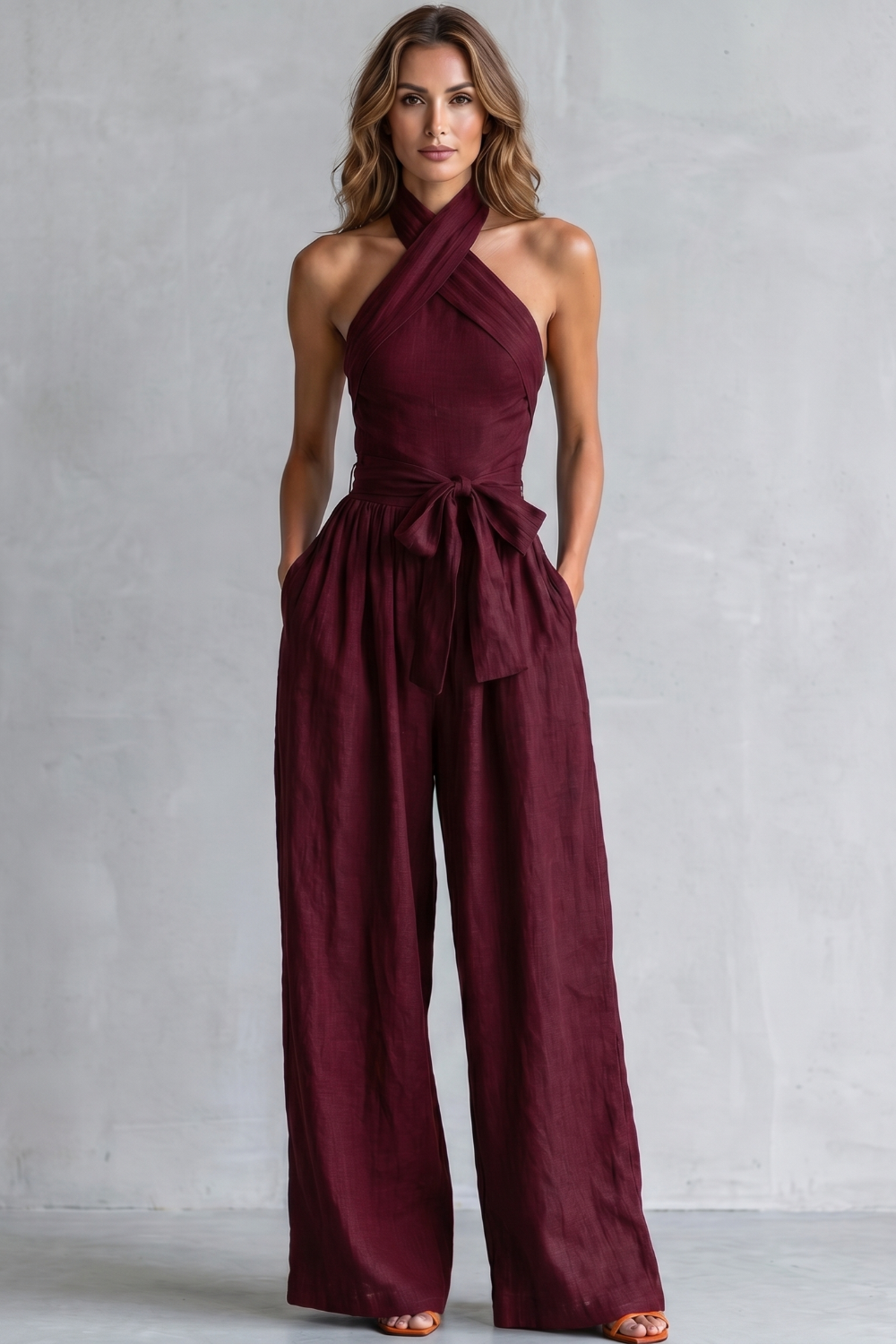 Phoebe | Wide-Leg Jumpsuit Teal Linen Halter Neck Sleeveless for Women