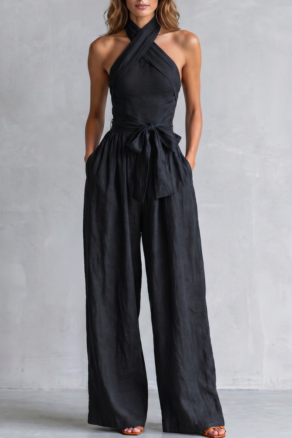 Phoebe | Wide-Leg Jumpsuit Teal Linen Halter Neck Sleeveless for Women