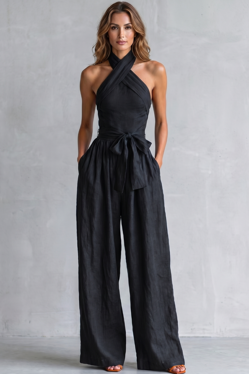 Phoebe | Wide-Leg Jumpsuit Teal Linen Halter Neck Sleeveless for Women