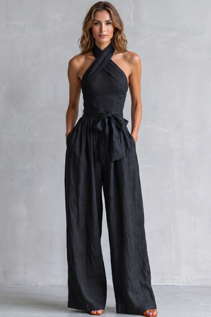 Phoebe | Wide-Leg Jumpsuit Teal Linen Halter Neck Sleeveless for Women