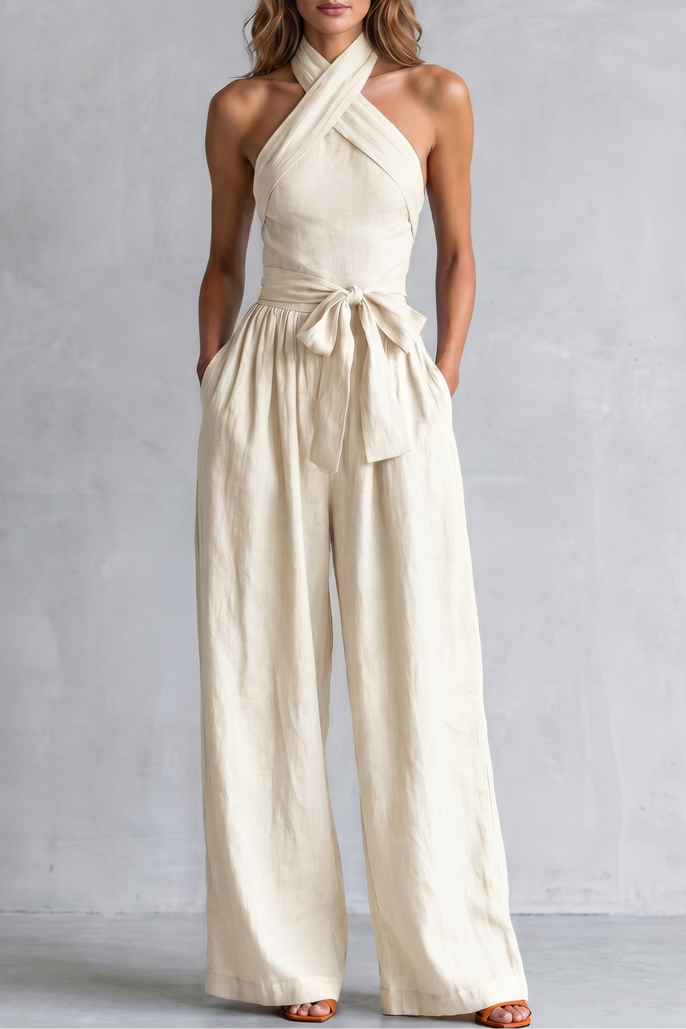 Phoebe | Wide-Leg Jumpsuit Teal Linen Halter Neck Sleeveless for Women