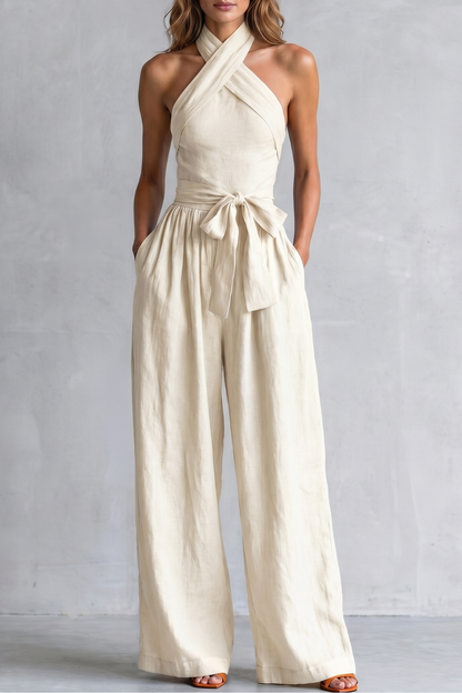 Phoebe | Wide-Leg Jumpsuit Teal Linen Halter Neck Sleeveless for Women
