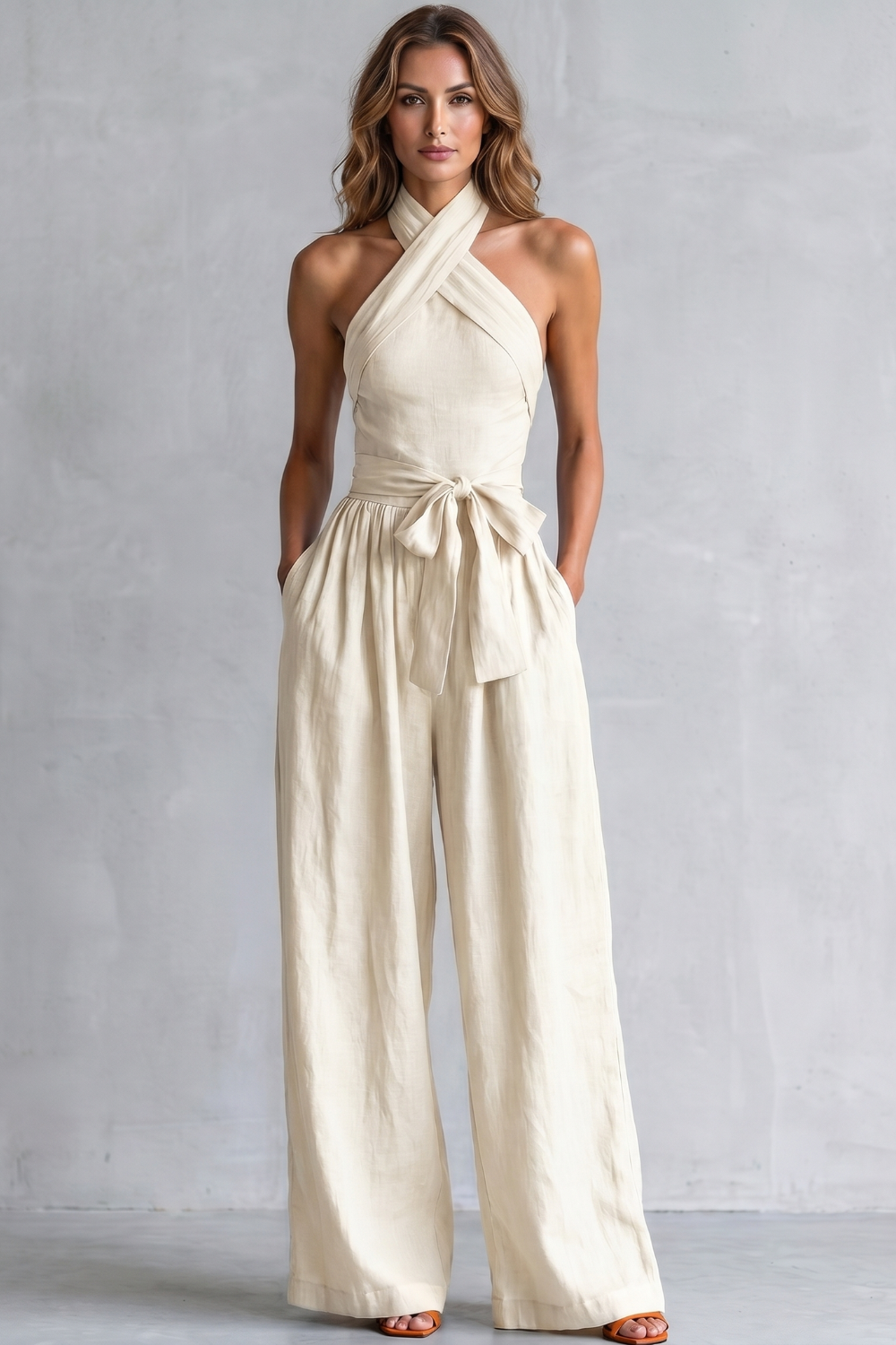 Phoebe | Wide-Leg Jumpsuit Teal Linen Halter Neck Sleeveless for Women