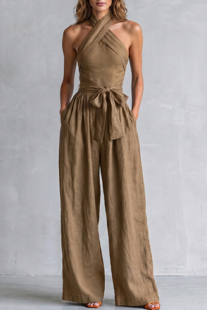 Phoebe | Wide-Leg Jumpsuit Teal Linen Halter Neck Sleeveless for Women