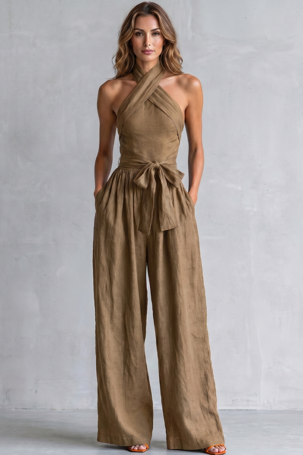 Phoebe | Wide-Leg Jumpsuit Teal Linen Halter Neck Sleeveless for Women