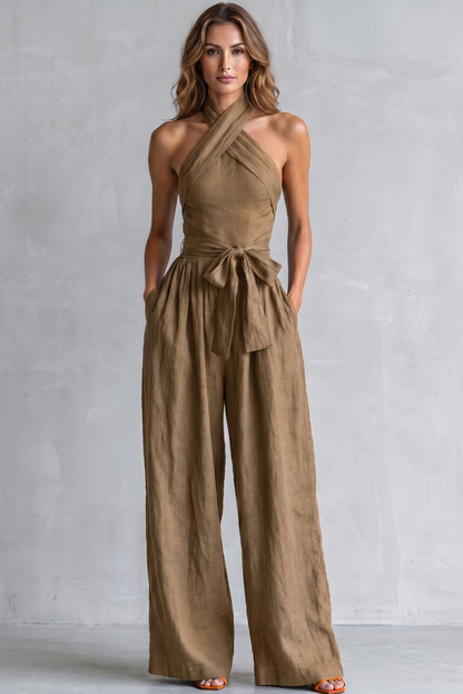 Phoebe | Wide-Leg Jumpsuit Teal Linen Halter Neck Sleeveless for Women